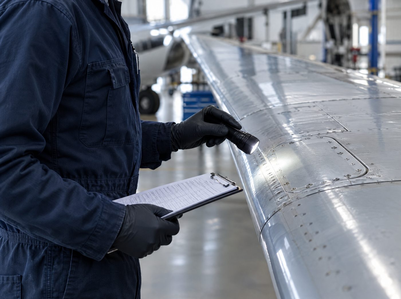 A technician's gloved hands holding a flashlight and an inspection checklist against a riveted aircraft wing panel