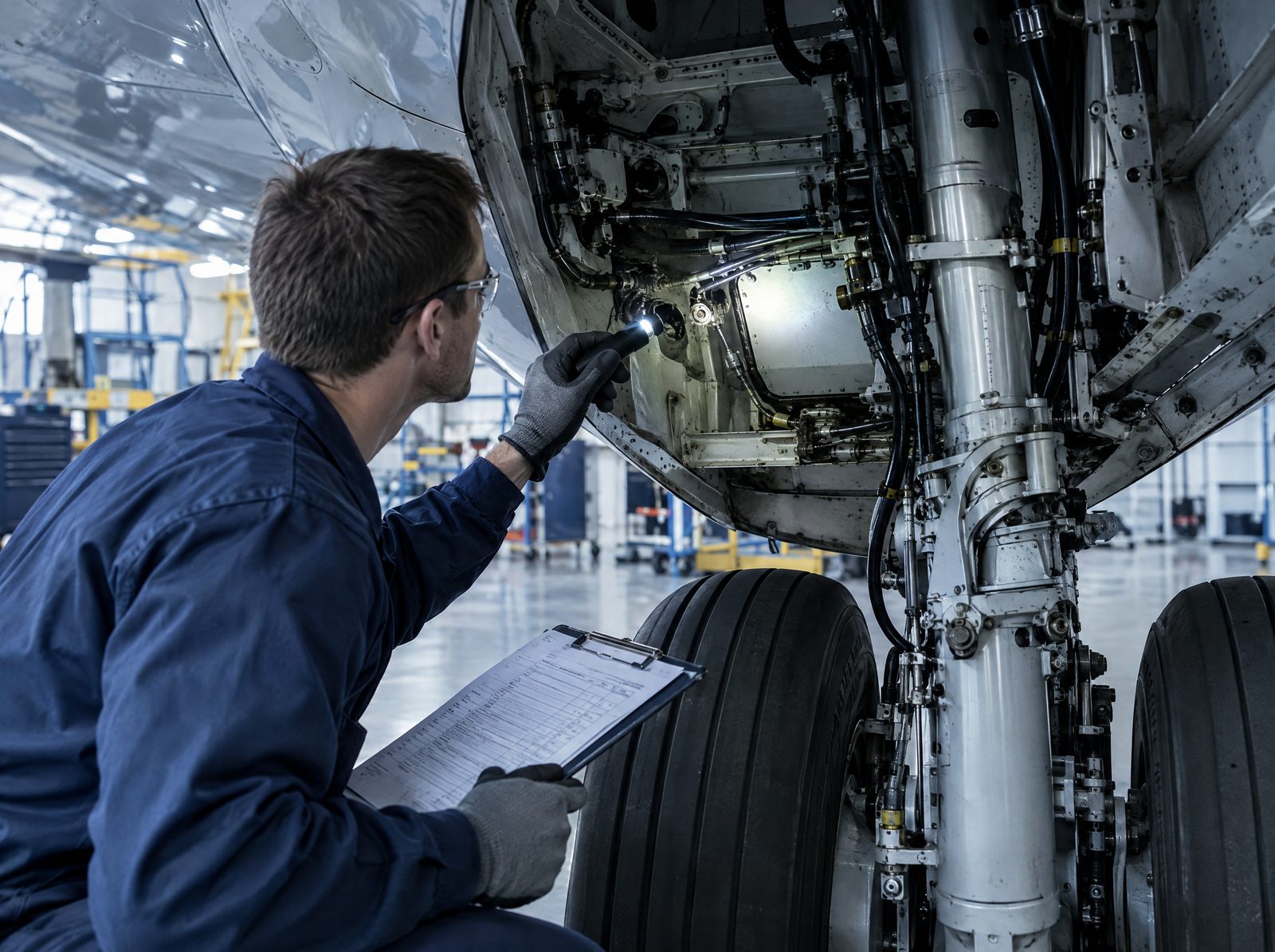 A technician wearing safety glasses and gloves inspects an open landing gear bay with a handheld torch while holding an inspection checklist on a clipboard