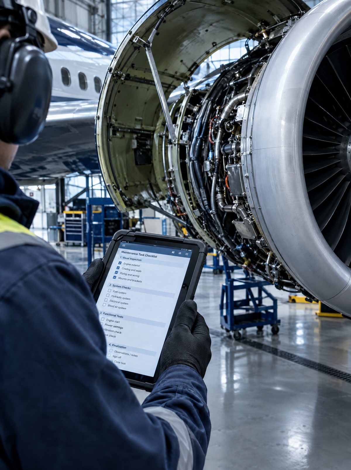 A technician wearing a hard hat and ear defenders holds a tablet displaying a generic maintenance task checklist in front of an open jet engine cowling