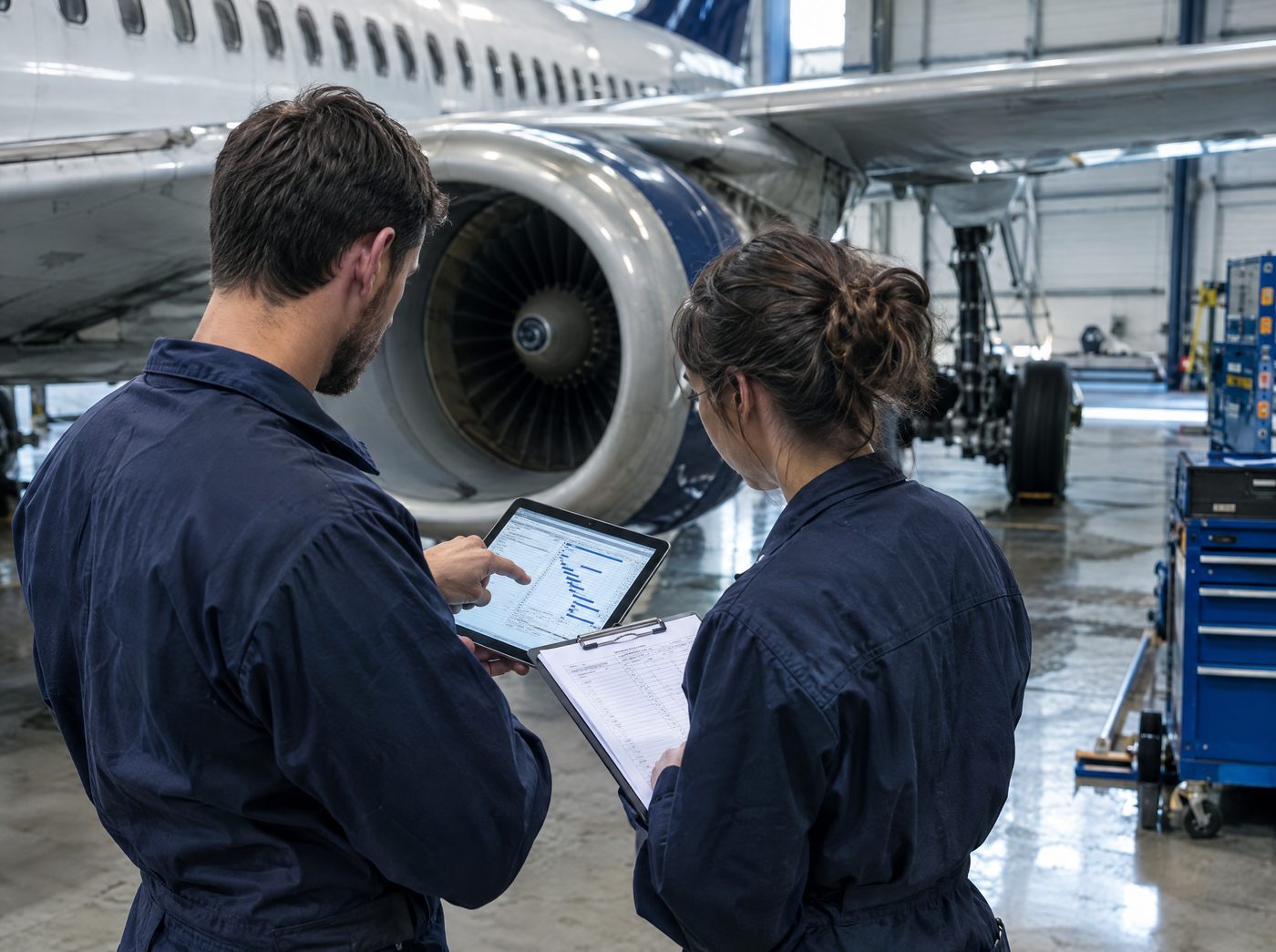 Two maintenance professionals reviewing a maintenance schedule on a tablet beside an aircraft