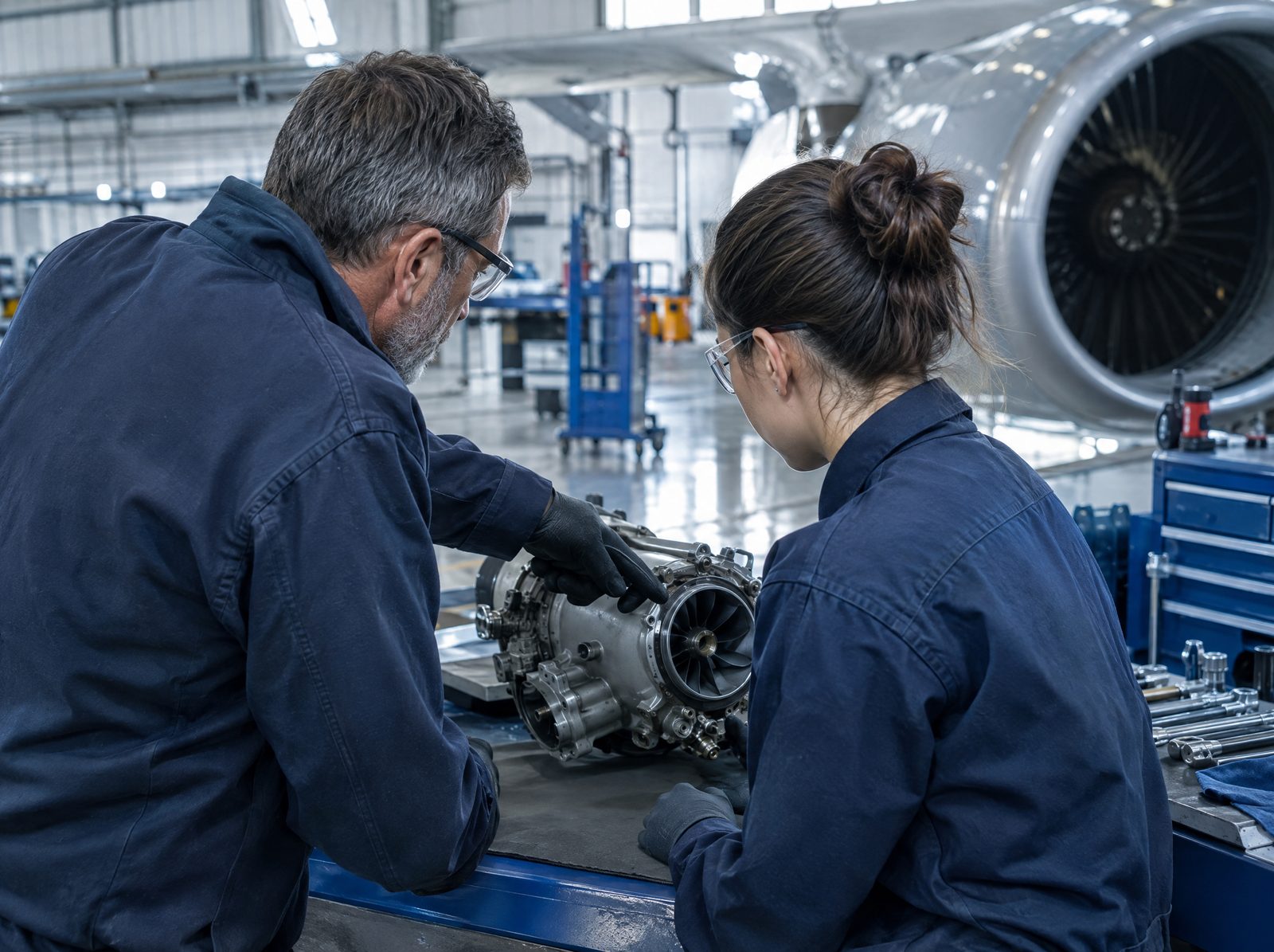 An experienced technician mentors a younger colleague as they examine a turbine engine component together at a hangar workbench, both wearing safety glasses and gloves