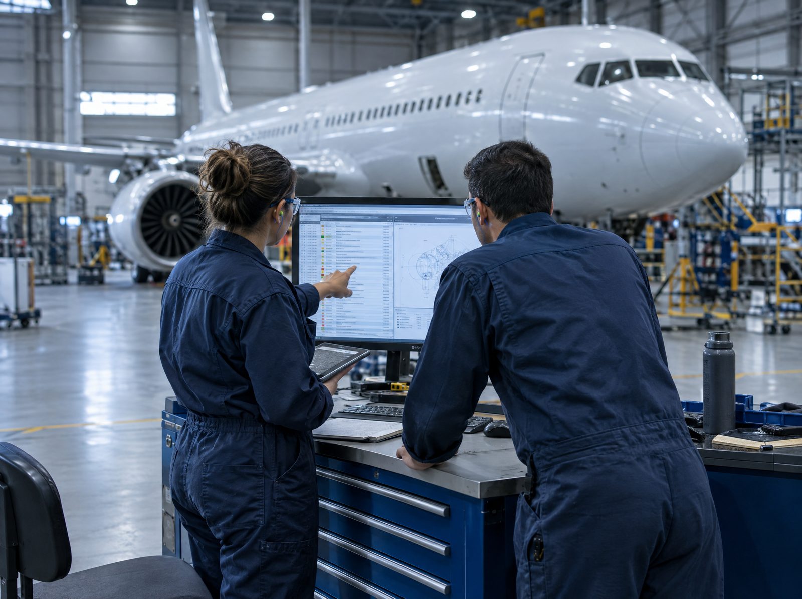 A maintenance planner and a technician, both in navy coveralls, stand at a hangar workstation reviewing a work package on a desktop monitor, with an unbranded commercial jet softly out of focus behind them