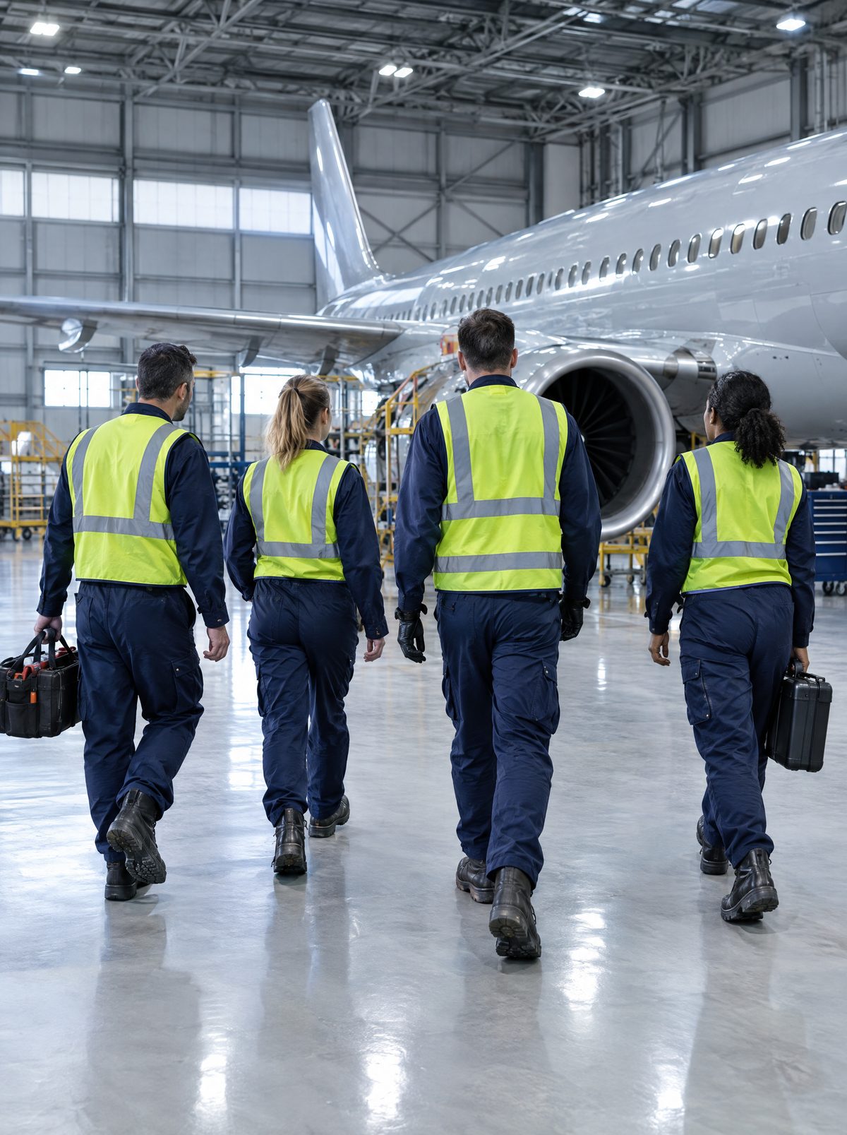 Four aviation technicians in navy coveralls, hi-vis vests, and safety boots walk together across a hangar floor toward an unbranded commercial jet, seen from behind