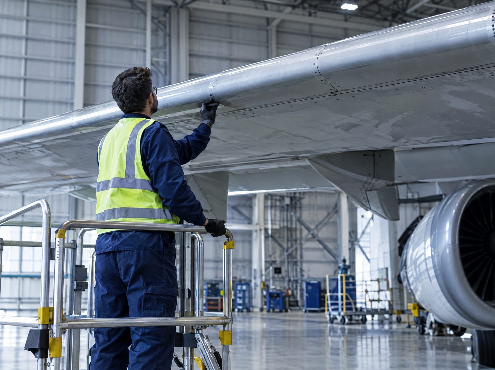 A technician in a hi-vis vest and safety glasses stands on a guard-railed maintenance platform, reaching up to inspect the underside of a commercial aircraft wing, with an engine visible behind him