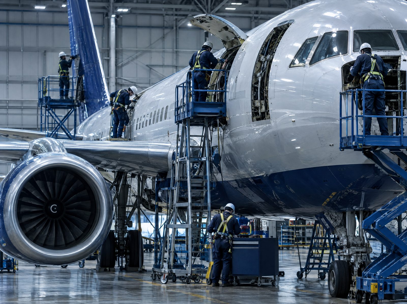 Five technicians in hard hats and fall-protection harnesses work from elevated platforms and ladders around the nose, forward fuselage, and open access panels of a commercial jet during a heavy maintenance check