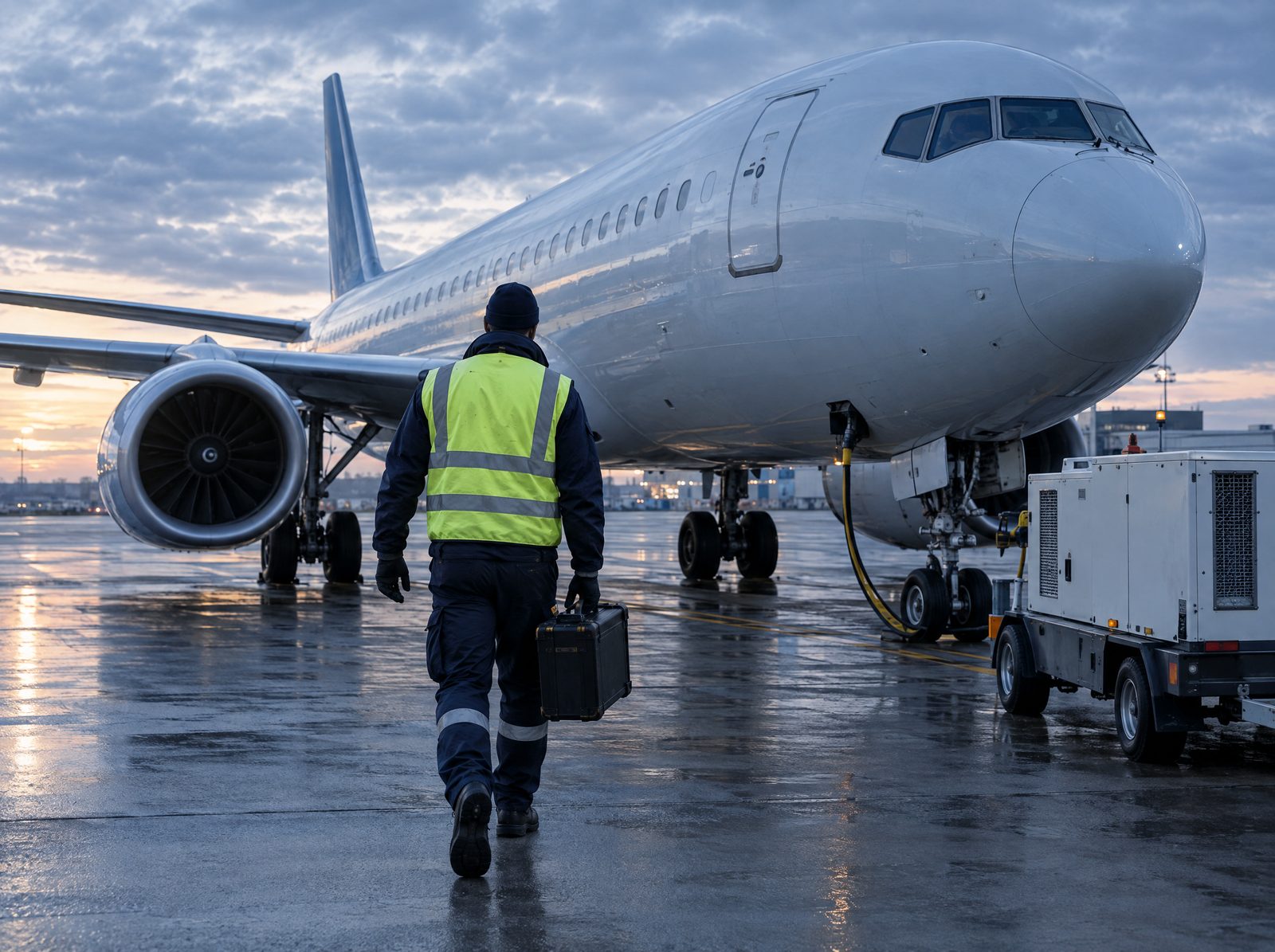 A technician in a hi-vis vest carries a tool case across a wet apron at dawn, walking toward a parked commercial jet connected to a ground power unit, with its engine and tail fin visible against a sunrise sky