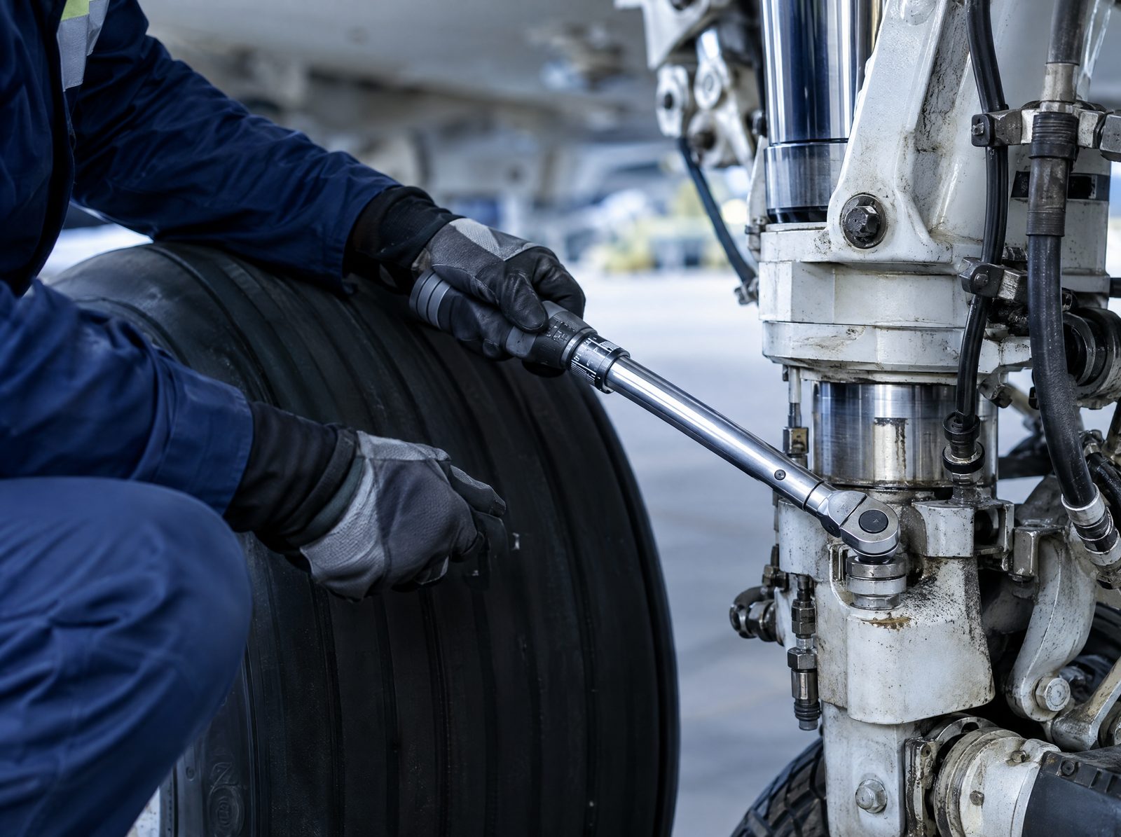 Close-up of a technician's gloved hands applying a calibrated torque wrench to a fitting on an aircraft main landing gear assembly